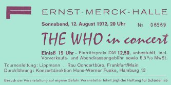 Golden Earring & The Who ticket#6569  - Ernst Merck Halle August 12, 1972